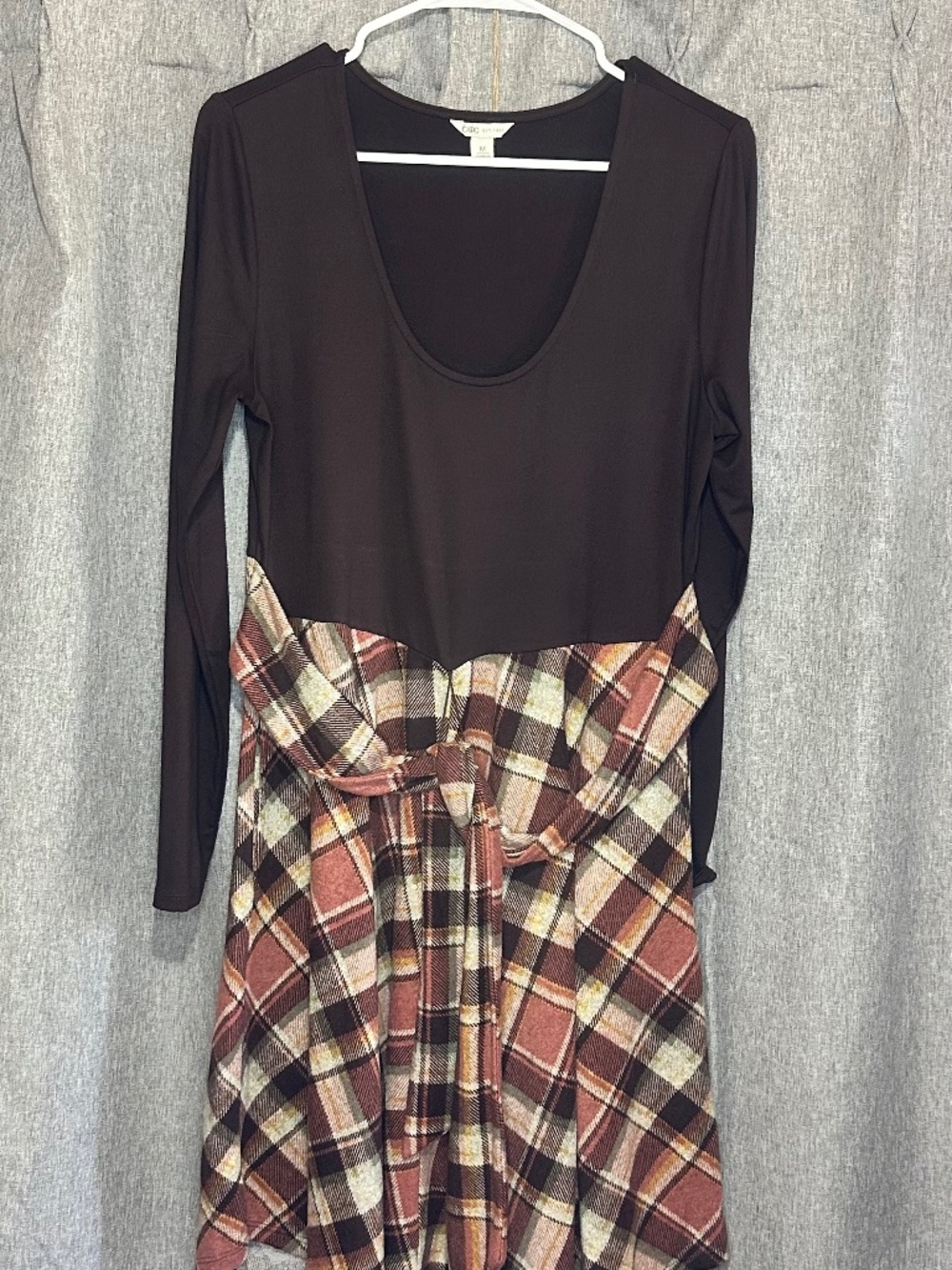 Cato Mixed Media Plaid Long Sleeve Tie-Front Dress - Medium